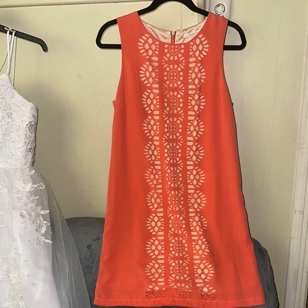 Orange Sleeveless Dress with Embroidered Design